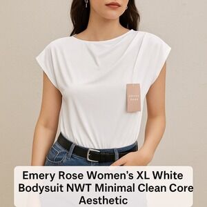 NEW Emery‎ Rose Women's Sz XL White Bodysuit Minimal Office Clean Core Aesthetic